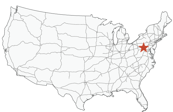 Map of the United States highlighting Breezewood, Pennsylvania