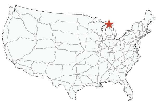 Map of the United States highlighting Mackinac Bridge, Michigan