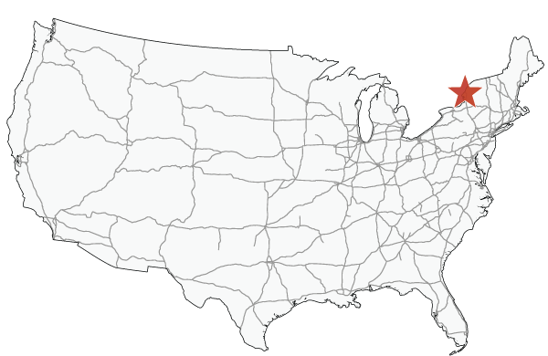 Map of the United States highlighting Thousand Islands Bridge, New York