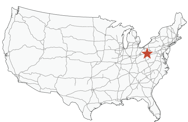 Map of the United States highlighting Wheeling, West Virginia