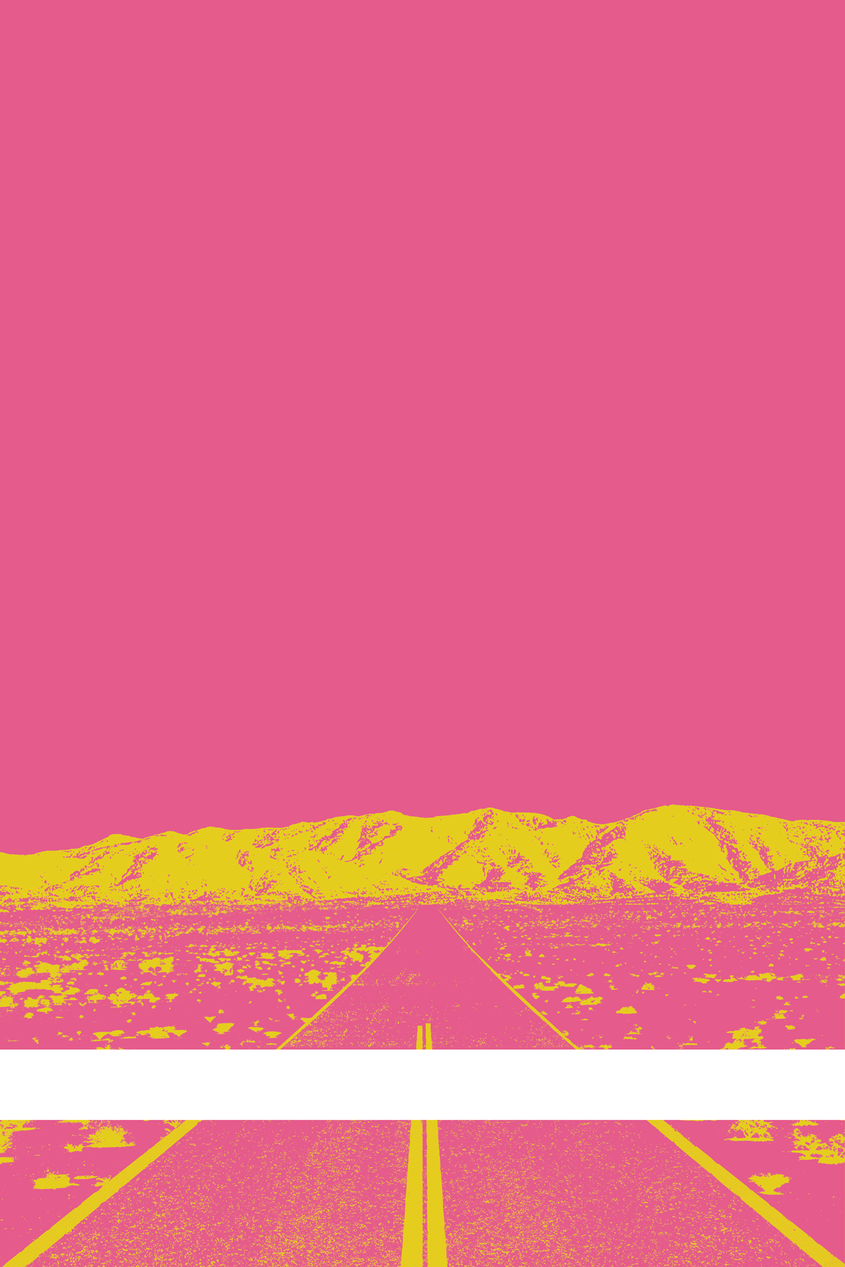 A view of Mercury Valley, Nevada, facing toward the northwest. The composition is rendered in pink and yellow. A prominent white line stretches across the composition near the bottom of the view.