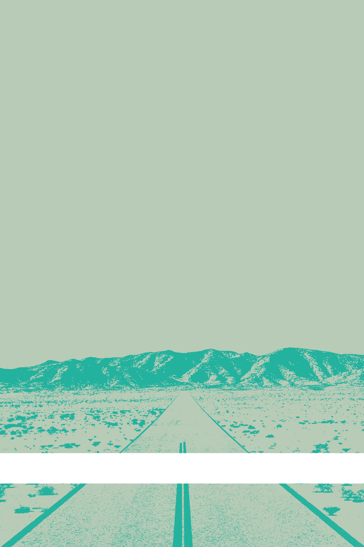 A view of Mercury Valley, Nevada, facing toward the northwest. The composition is rendered in light grayish green and blue-green. A prominent white line stretches across the composition near the bottom of the view.