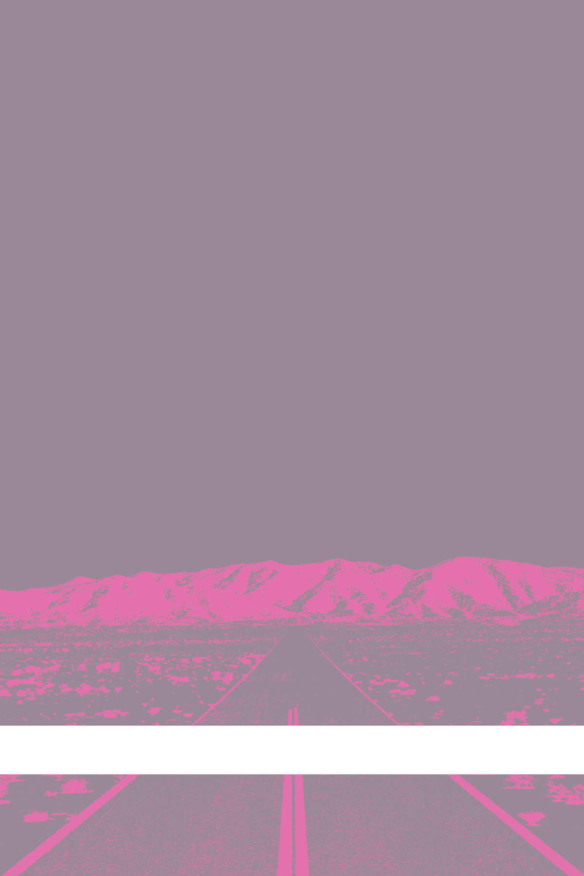 A view of Mercury Valley, Nevada, facing toward the northwest. The composition is rendered in gray and light pink. A prominent white line stretches across the composition near the bottom of the view.