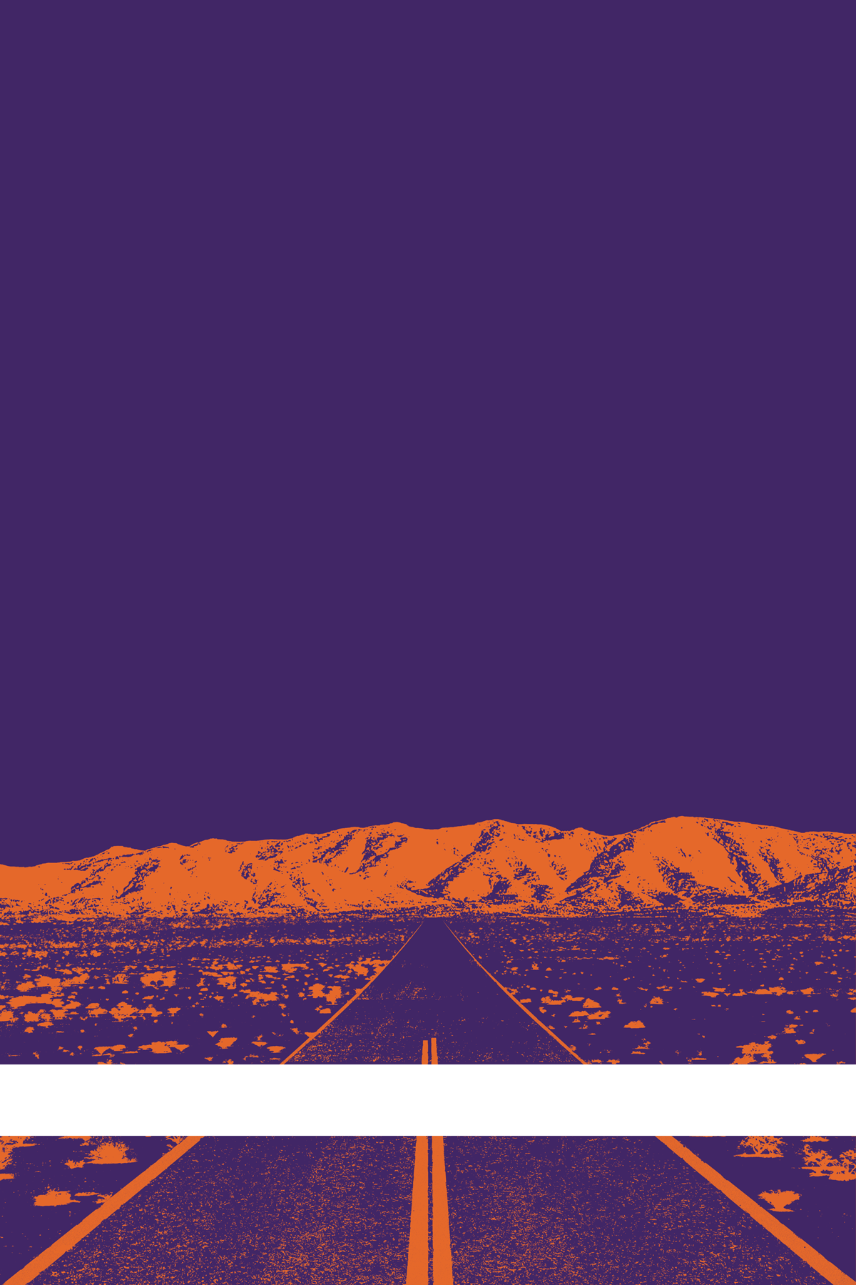 A view of Mercury Valley, Nevada, facing toward the northwest. The composition is rendered in dark purple and orange. A prominent white line stretches across the composition near the bottom of the view.