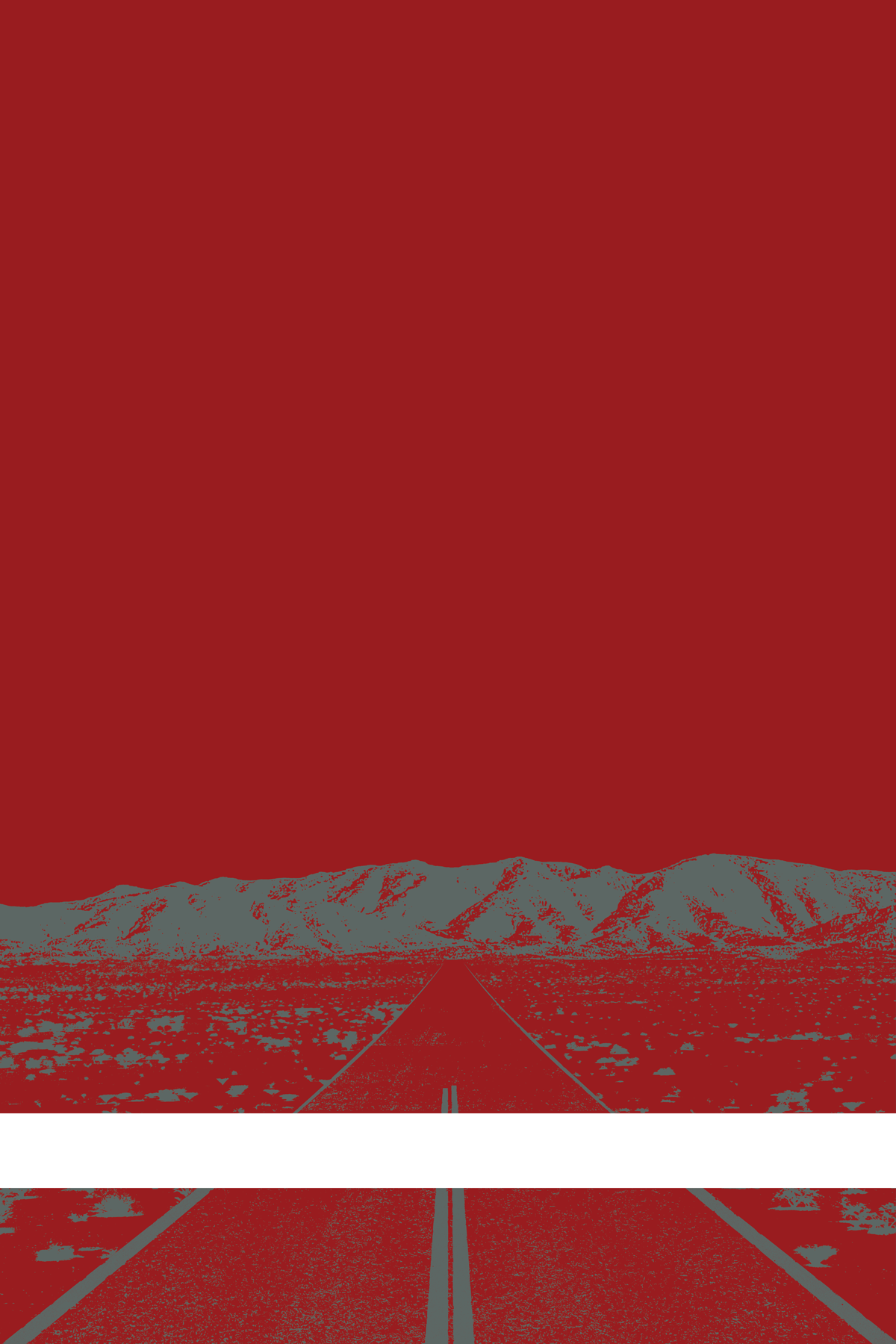 A view of Mercury Valley, Nevada, facing toward the northwest. The composition is rendered in dark red and grayish-blue. A prominent white line stretches across the composition near the bottom of the view.