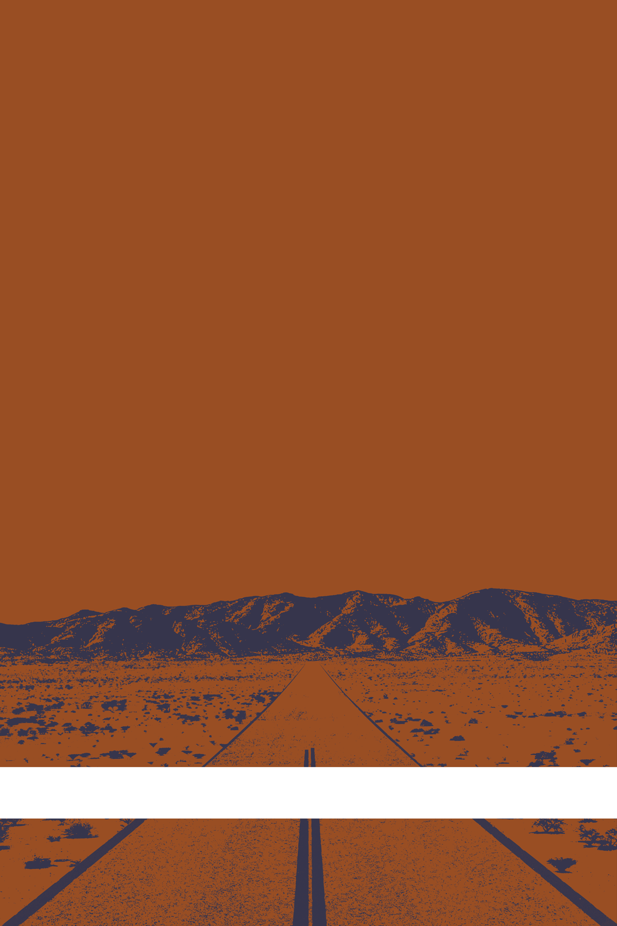 A view of Mercury Valley, Nevada, facing toward the northwest. The composition is rendered in orange and grayish blue. A prominent white line stretches across the composition near the bottom of the view.