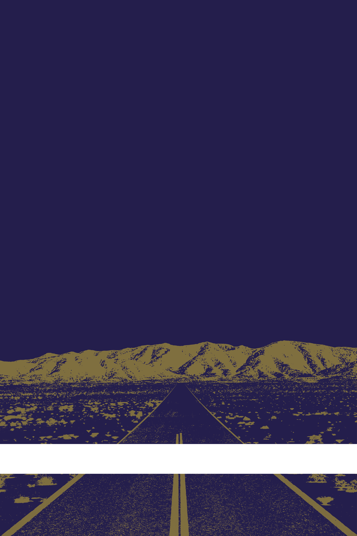 A view of Mercury Valley, Nevada, facing toward the northwest. The composition is rendered in dark blue and light brown. A prominent white line stretches across the composition near the bottom of the view.