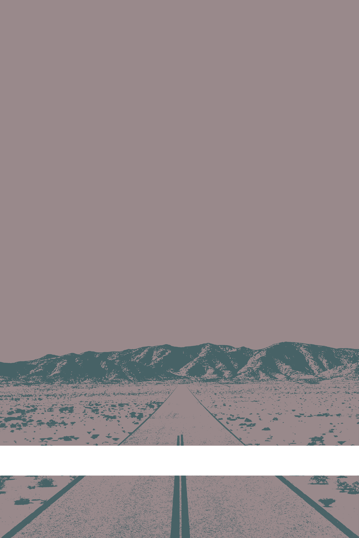 A view of Mercury Valley, Nevada, facing toward the northwest. The composition is rendered in gray and light grayish blue. A prominent white line stretches across the composition near the bottom of the view.