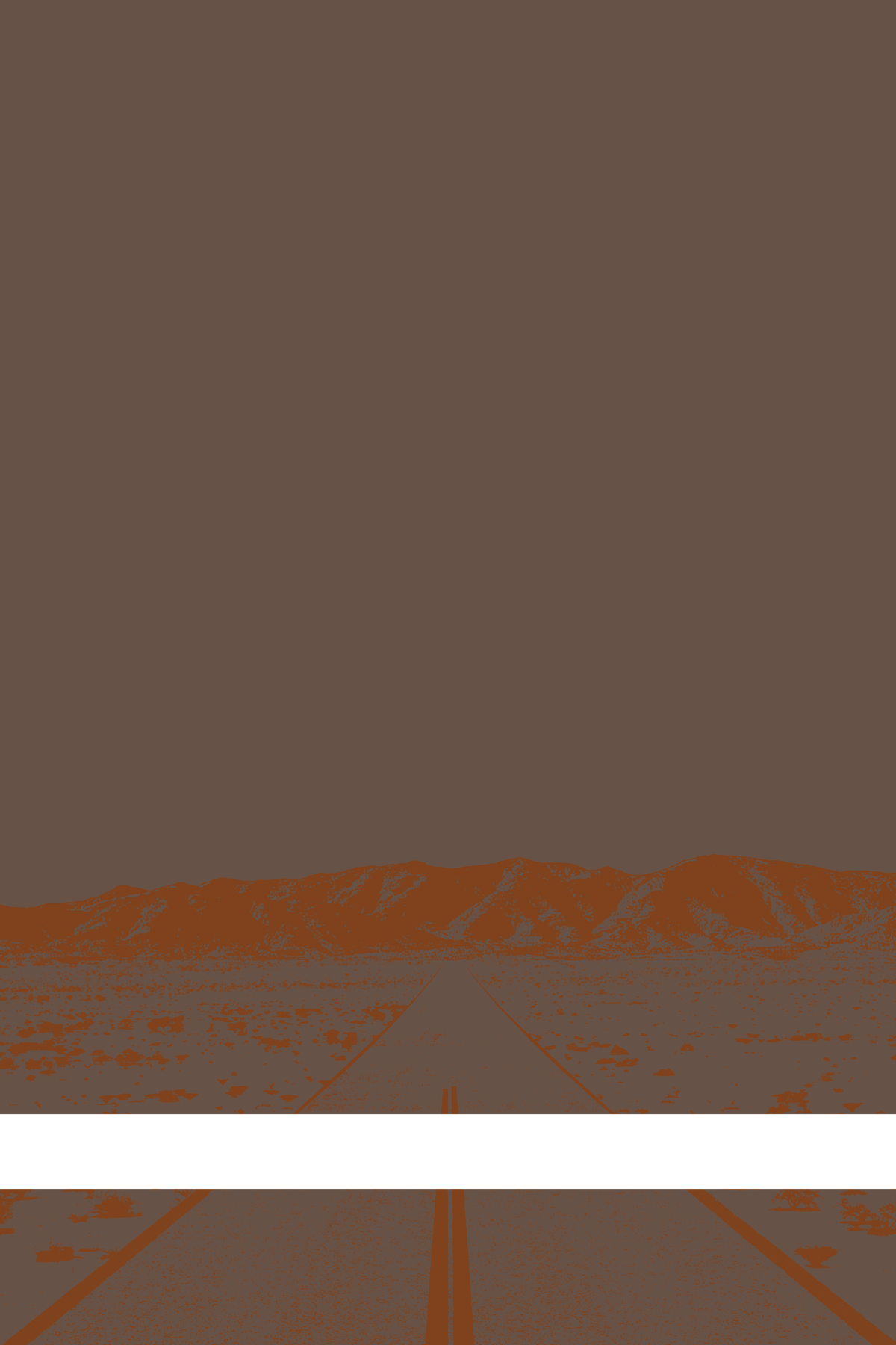 A view of Mercury Valley, Nevada, facing toward the northwest. The composition is rendered in brown and dark orange. A prominent white line stretches across the composition near the bottom of the view.