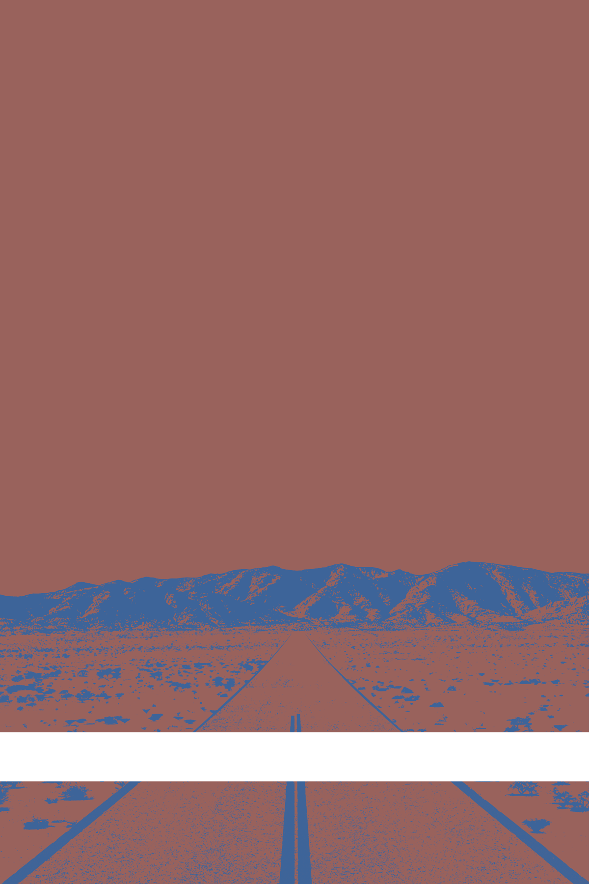 A view of Mercury Valley, Nevada, facing toward the northwest. The composition is rendered in grayish red and light blue. A prominent white line stretches across the composition near the bottom of the view.