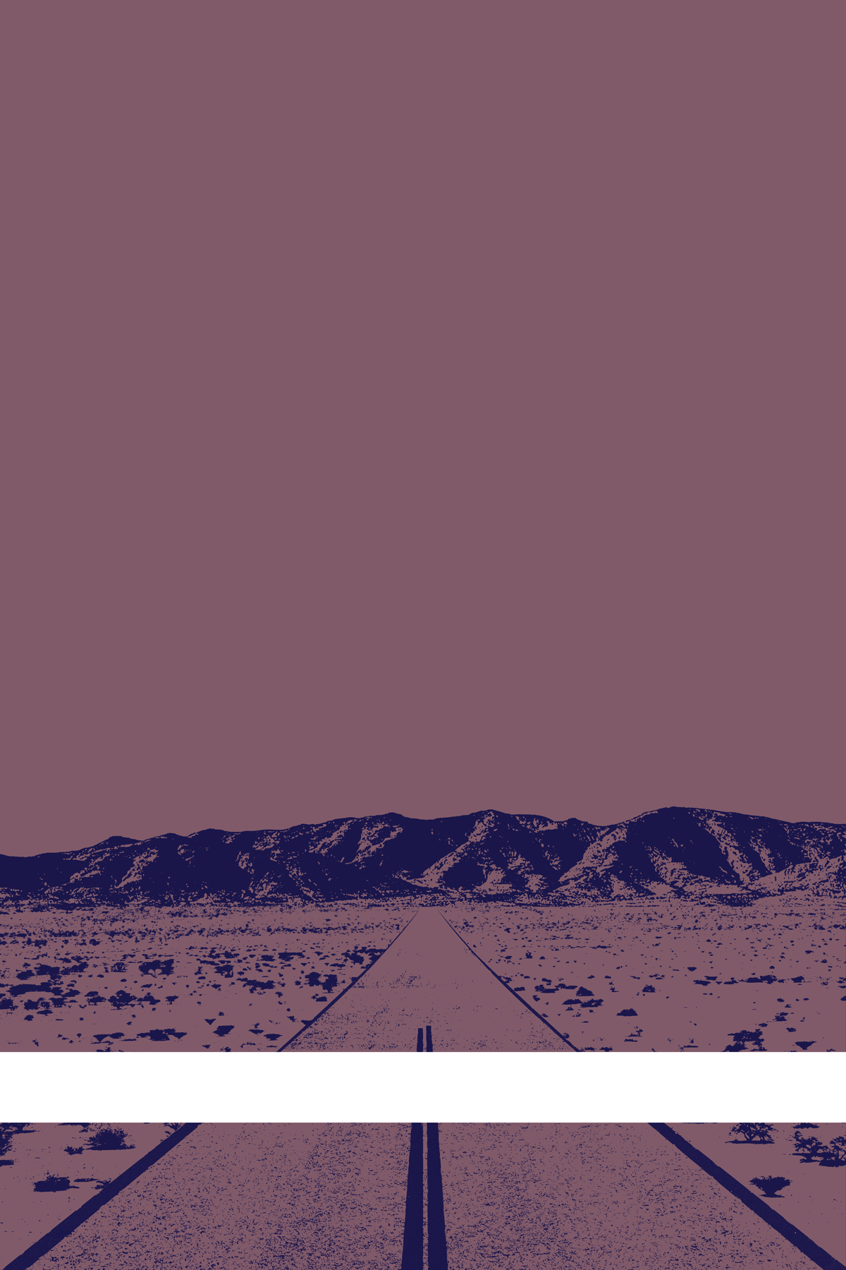 A view of Mercury Valley, Nevada, facing toward the northwest. The composition is rendered in grayish pink and dark blue. A prominent white line stretches across the composition near the bottom of the view.