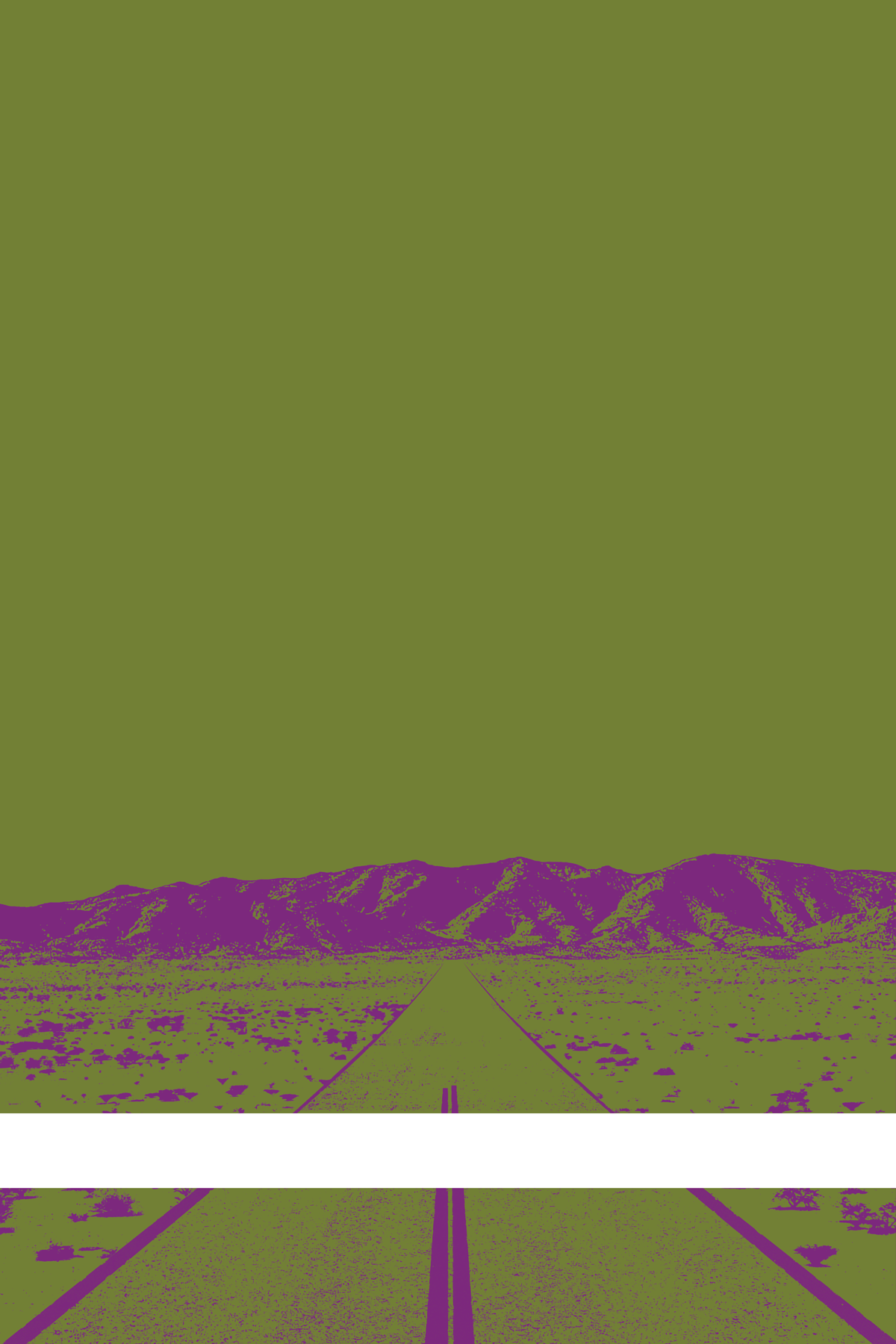 A view of Mercury Valley, Nevada, facing toward the northwest. The composition is rendered in dark yellow-green and purple. A prominent white line stretches across the composition near the bottom of the view.