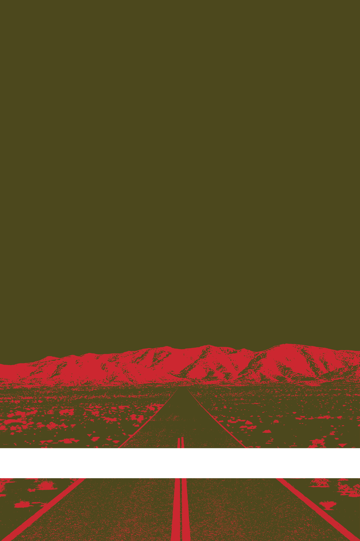 A view of Mercury Valley, Nevada, facing toward the northwest. The composition is rendered in dark yellow-green and light red. A prominent white line stretches across the composition near the bottom of the view.