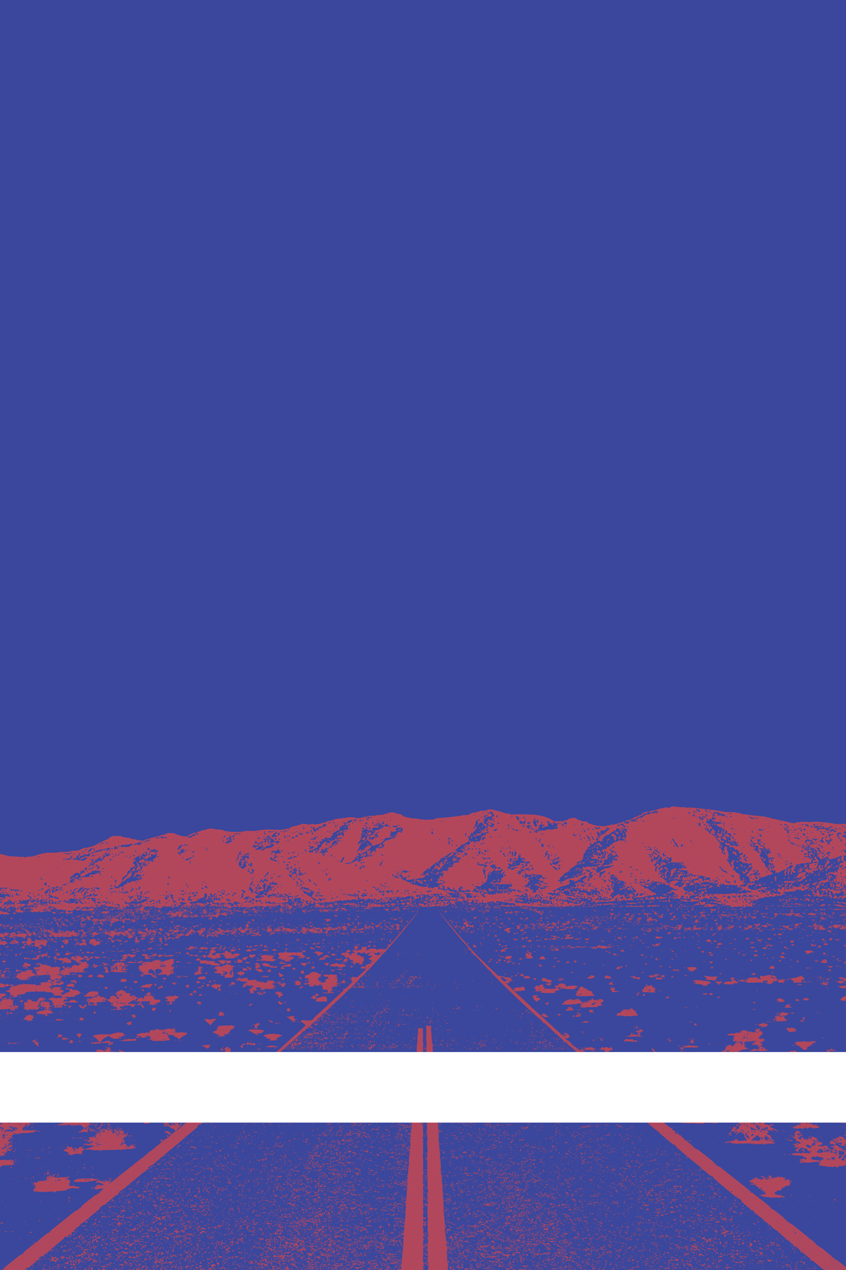 A view of Mercury Valley, Nevada, facing toward the northwest. The composition is rendered in blue and orange. A prominent white line stretches across the composition near the bottom of the view.