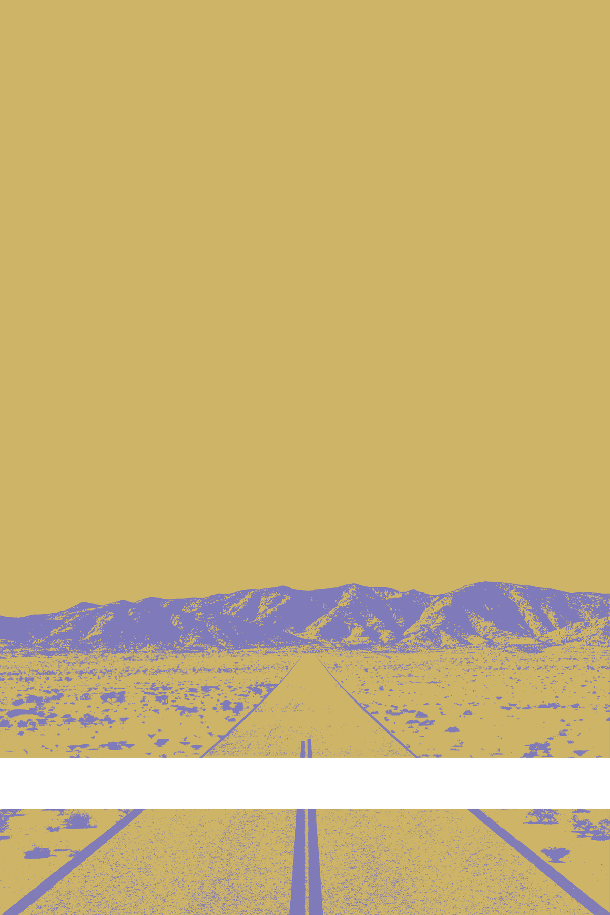 A view of Mercury Valley, Nevada, facing toward the northwest. The composition is rendered in grayish yellow and light purple. A prominent white line stretches across the composition near the bottom of the view.