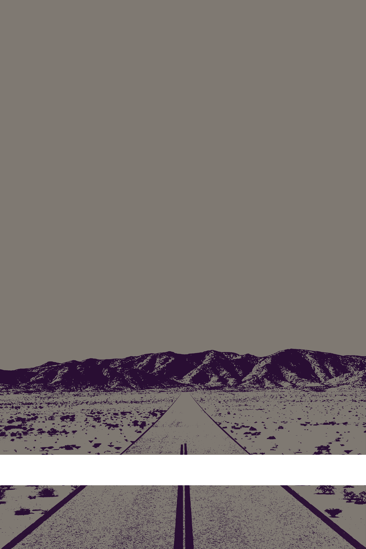 A view of Mercury Valley, Nevada, facing toward the northwest. The composition is rendered in gray and dark purple. A prominent white line stretches across the composition near the bottom of the view.