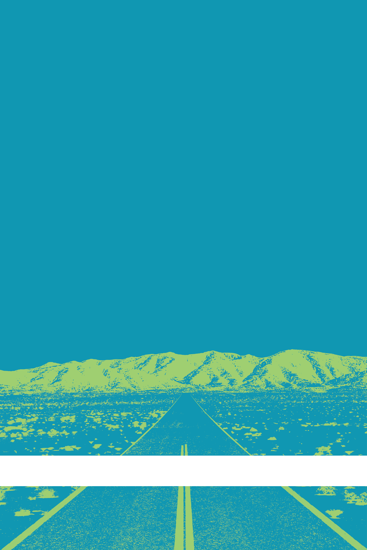 A view of Mercury Valley, Nevada, facing toward the northwest. The composition is rendered in light blue and light green. A prominent white line stretches across the composition near the bottom of the view.