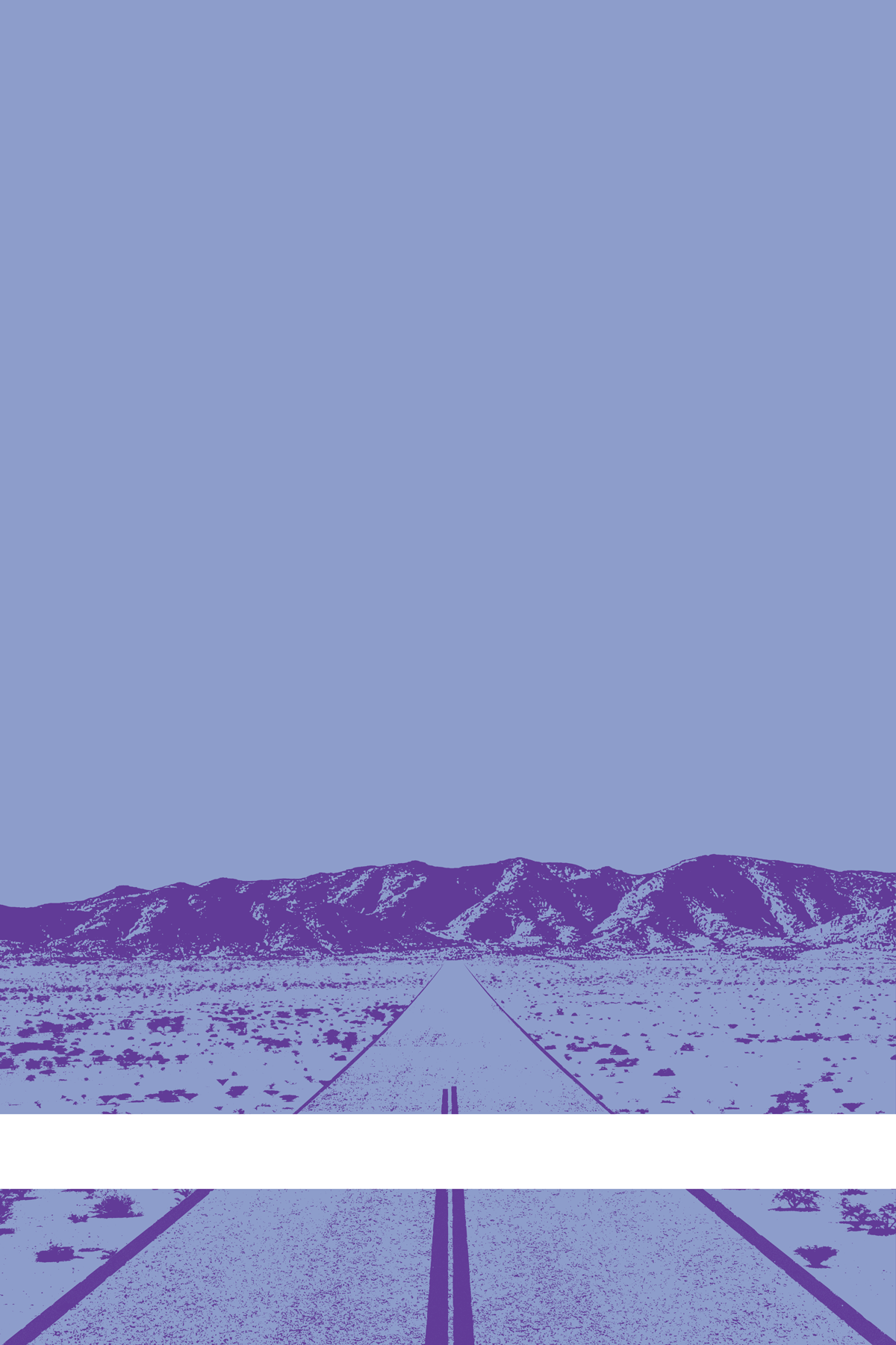 A view of Mercury Valley, Nevada, facing toward the northwest. The composition is rendered in light blue and purple. A prominent white line stretches across the composition near the bottom of the view.