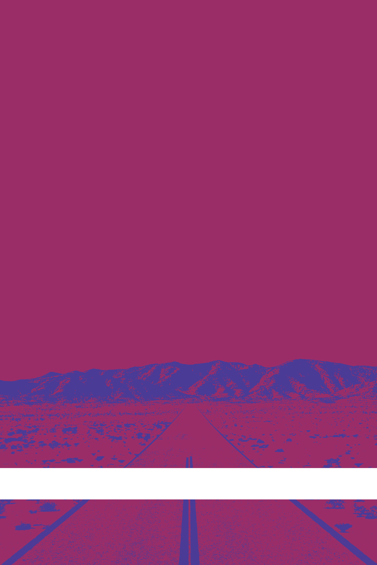 A view of Mercury Valley, Nevada, facing toward the northwest. The composition is rendered in dark purple and blue. A prominent white line stretches across the composition near the bottom of the view.