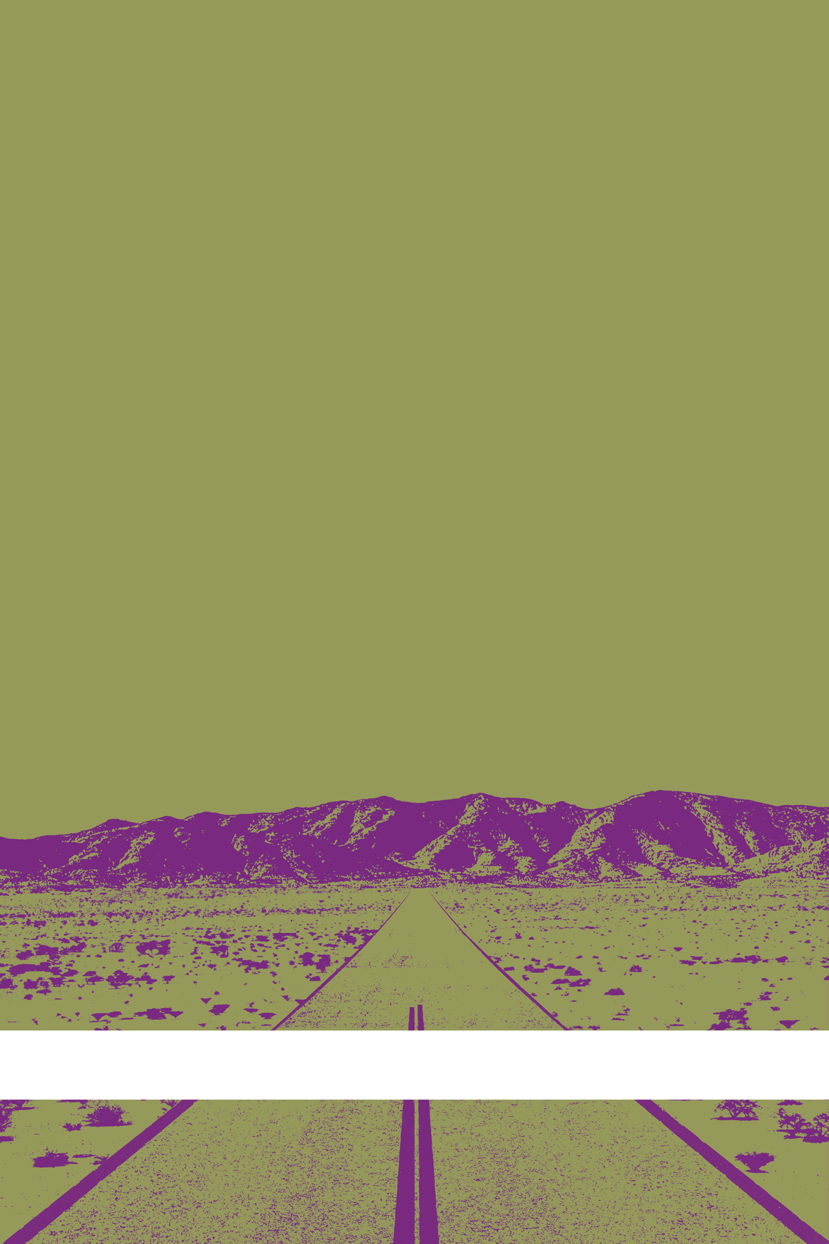 A view of Mercury Valley, Nevada, facing toward the northwest. The composition is rendered in dark yellow-green and purple. A prominent white line stretches across the composition near the bottom of the view.