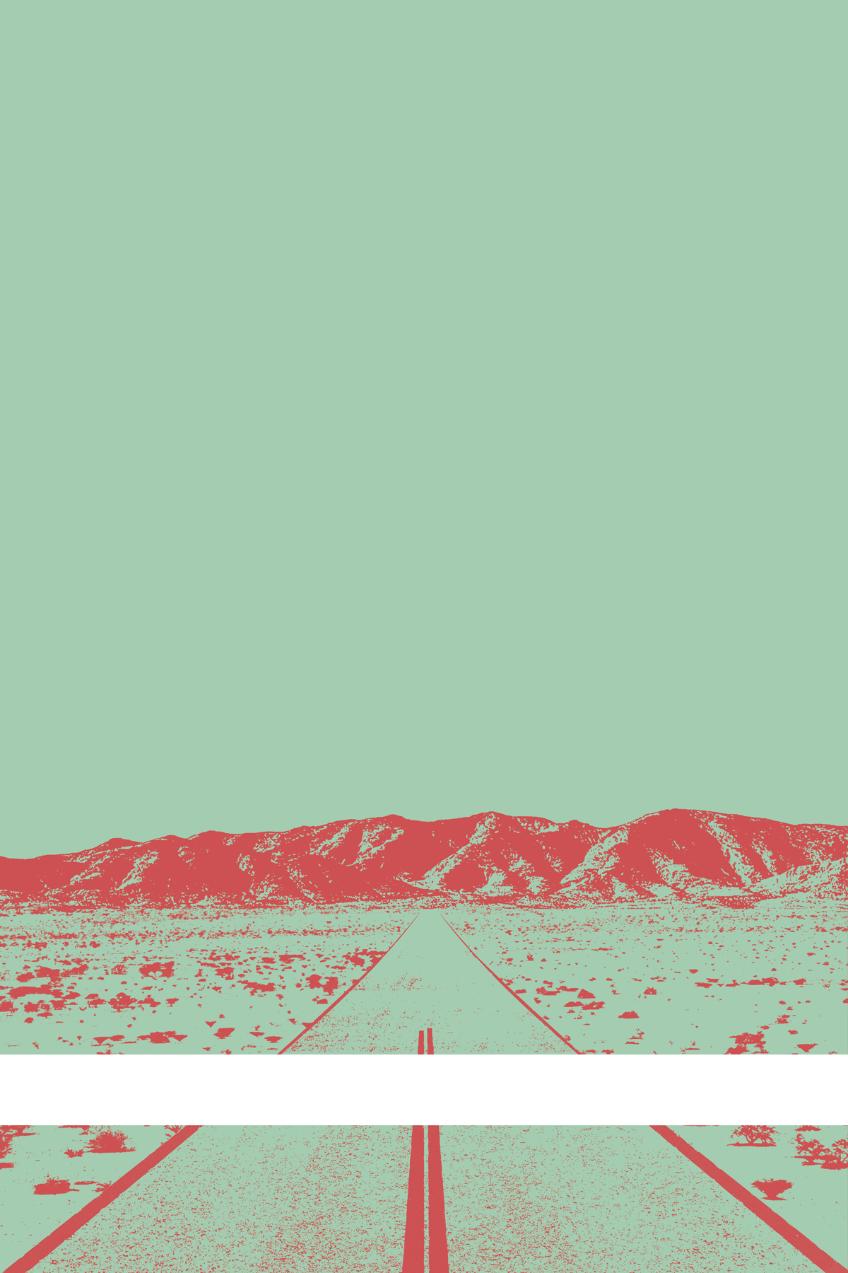 A view of Mercury Valley, Nevada, facing toward the northwest. The composition is rendered in light blue-green and light pink. A prominent white line stretches across the composition near the bottom of the view.