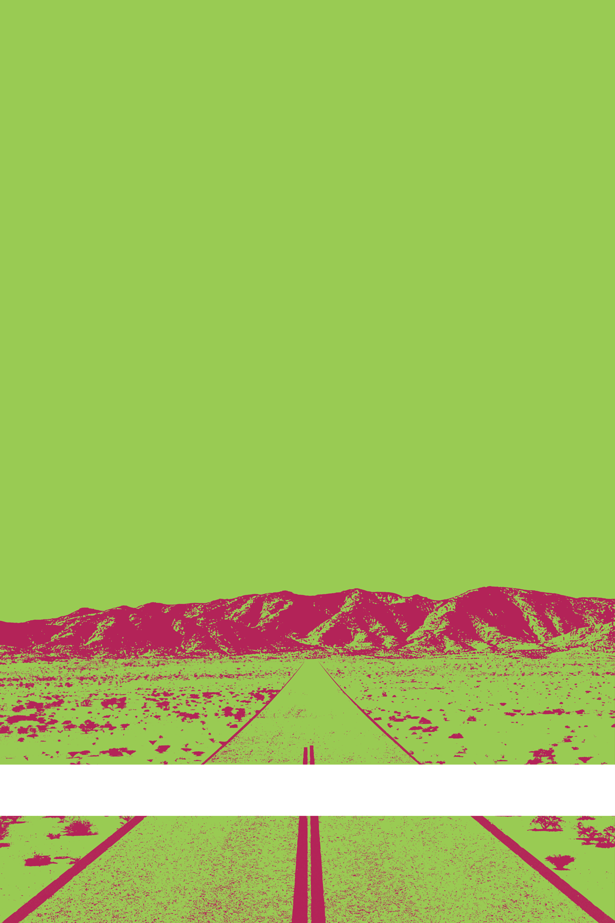 A view of Mercury Valley, Nevada, facing toward the northwest. The composition is rendered in light green and dark pink. A prominent white line stretches across the composition near the bottom of the view.