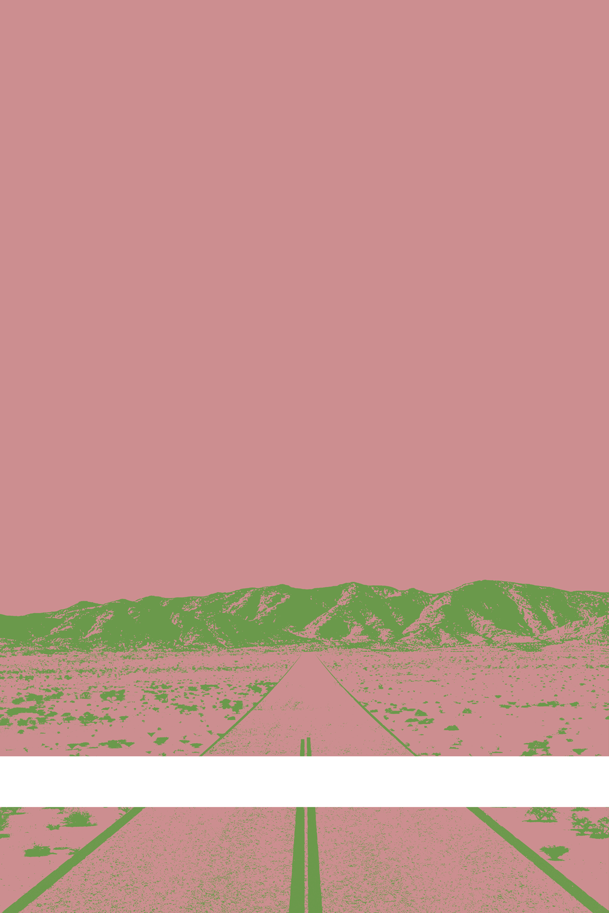 A view of Mercury Valley, Nevada, facing toward the northwest. The composition is rendered in light pink and light green. A prominent white line stretches across the composition near the bottom of the view.