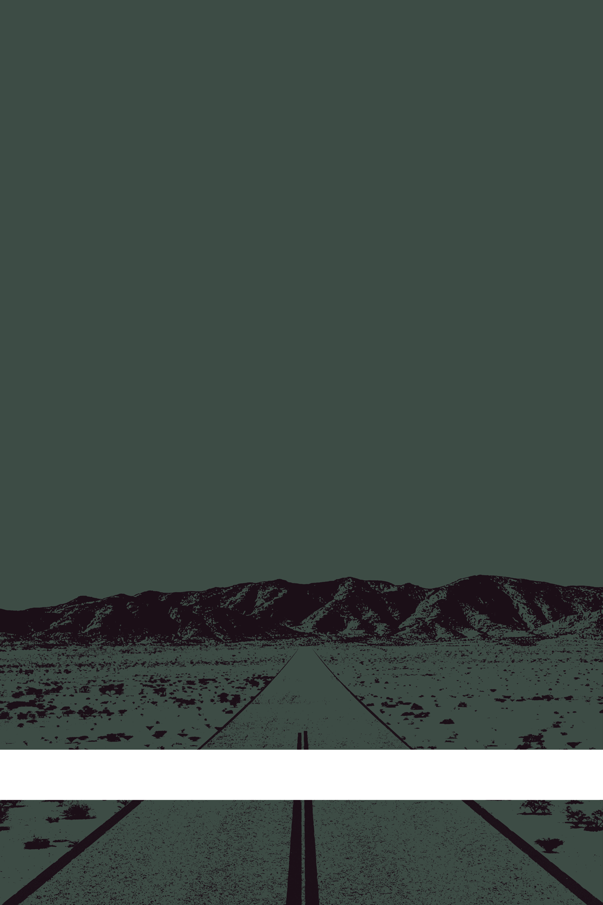 A view of Mercury Valley, Nevada, facing toward the northwest. The composition is rendered in dark grayish green and dark purple. A prominent white line stretches across the composition near the bottom of the view.