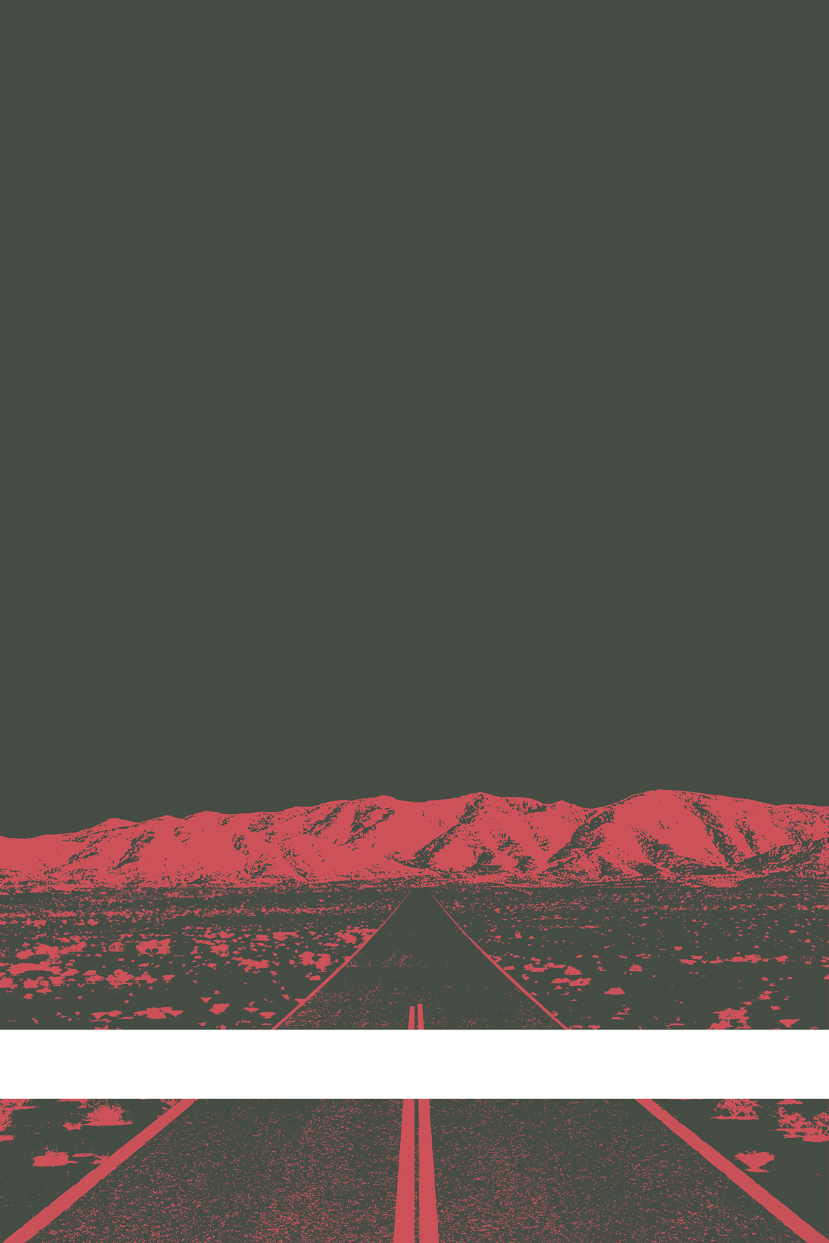 A view of Mercury Valley, Nevada, facing toward the northwest. The composition is rendered in dark gray and pink. A prominent white line stretches across the composition near the bottom of the view.