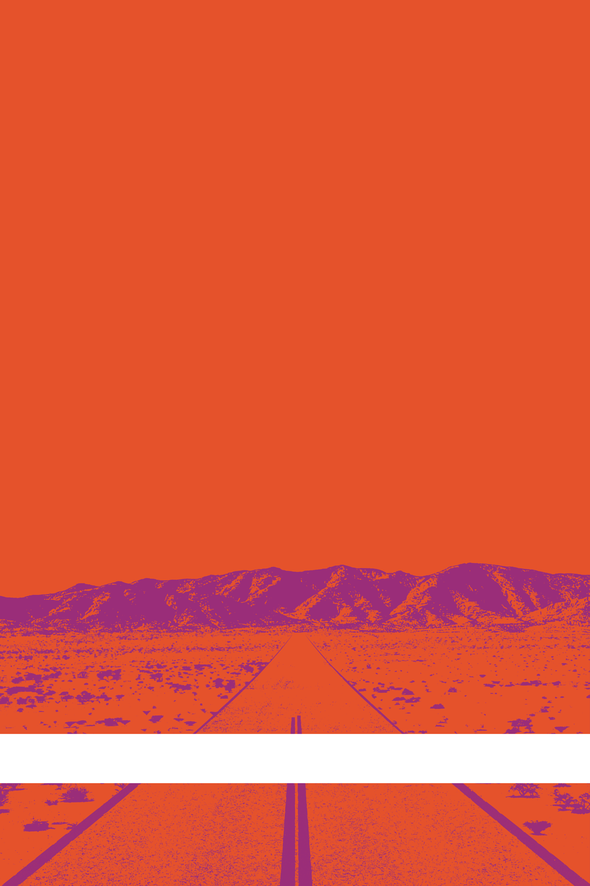 A view of Mercury Valley, Nevada, facing toward the northwest. The composition is rendered in orange and purple. A prominent white line stretches across the composition near the bottom of the view.