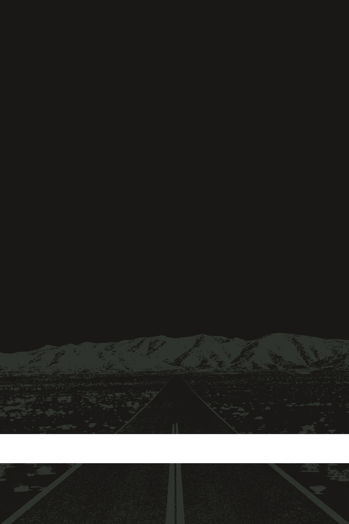 A view of Mercury Valley, Nevada, facing toward the northwest. The composition is rendered in black and dark gray. A prominent white line stretches across the composition near the bottom of the view.