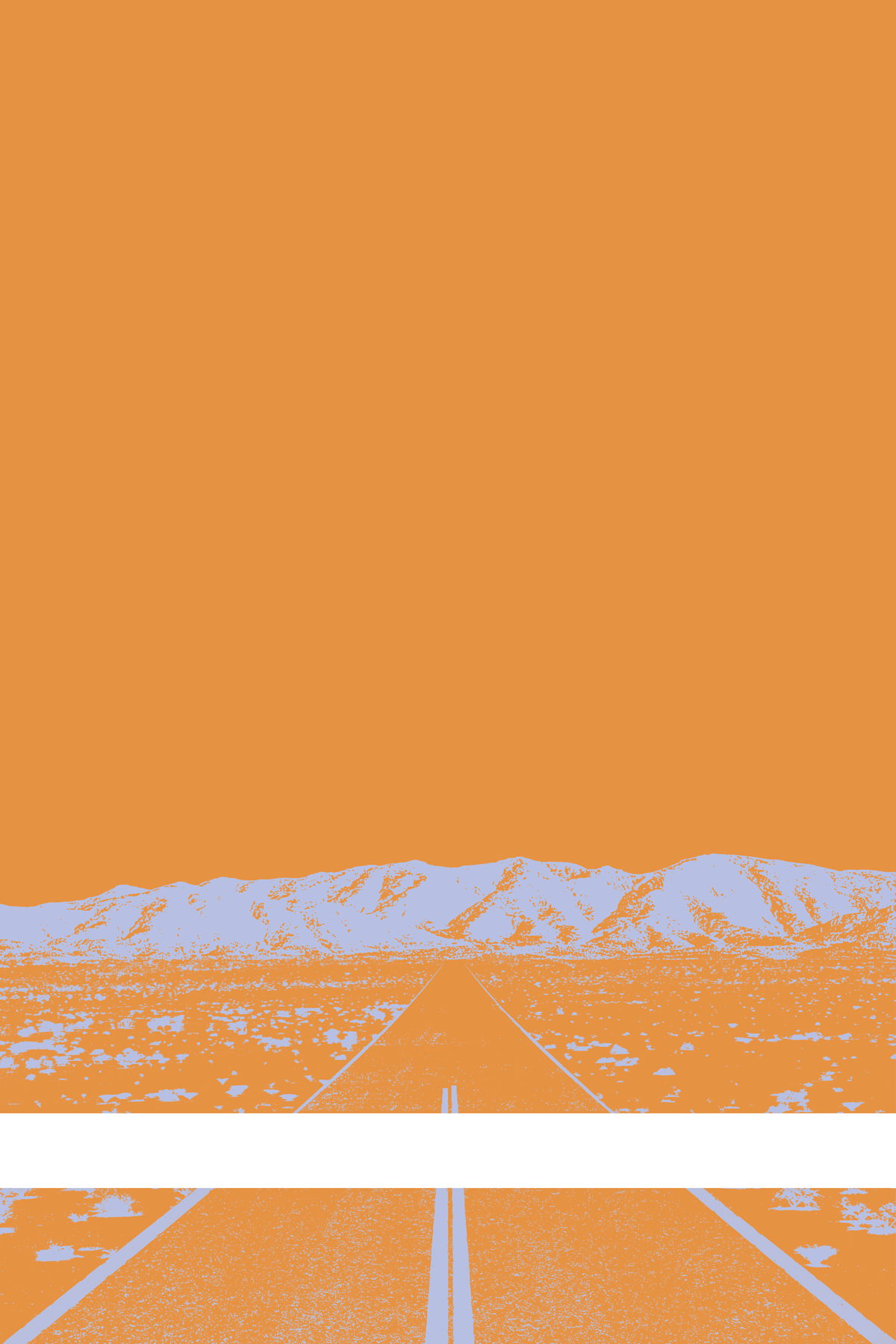 A view of Mercury Valley, Nevada, facing toward the northwest. The composition is rendered in light orange and pale blue. A prominent white line stretches across the composition near the bottom of the view.