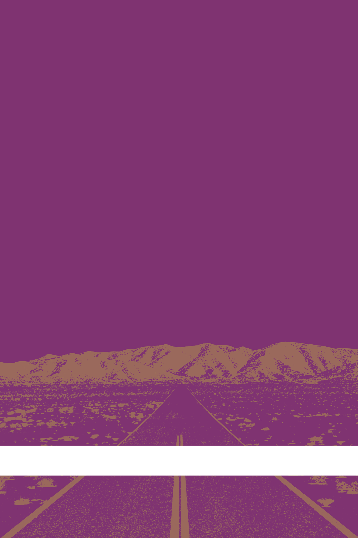 A view of Mercury Valley, Nevada, facing toward the northwest. The composition is rendered in purple and light brown. A prominent white line stretches across the composition near the bottom of the view.