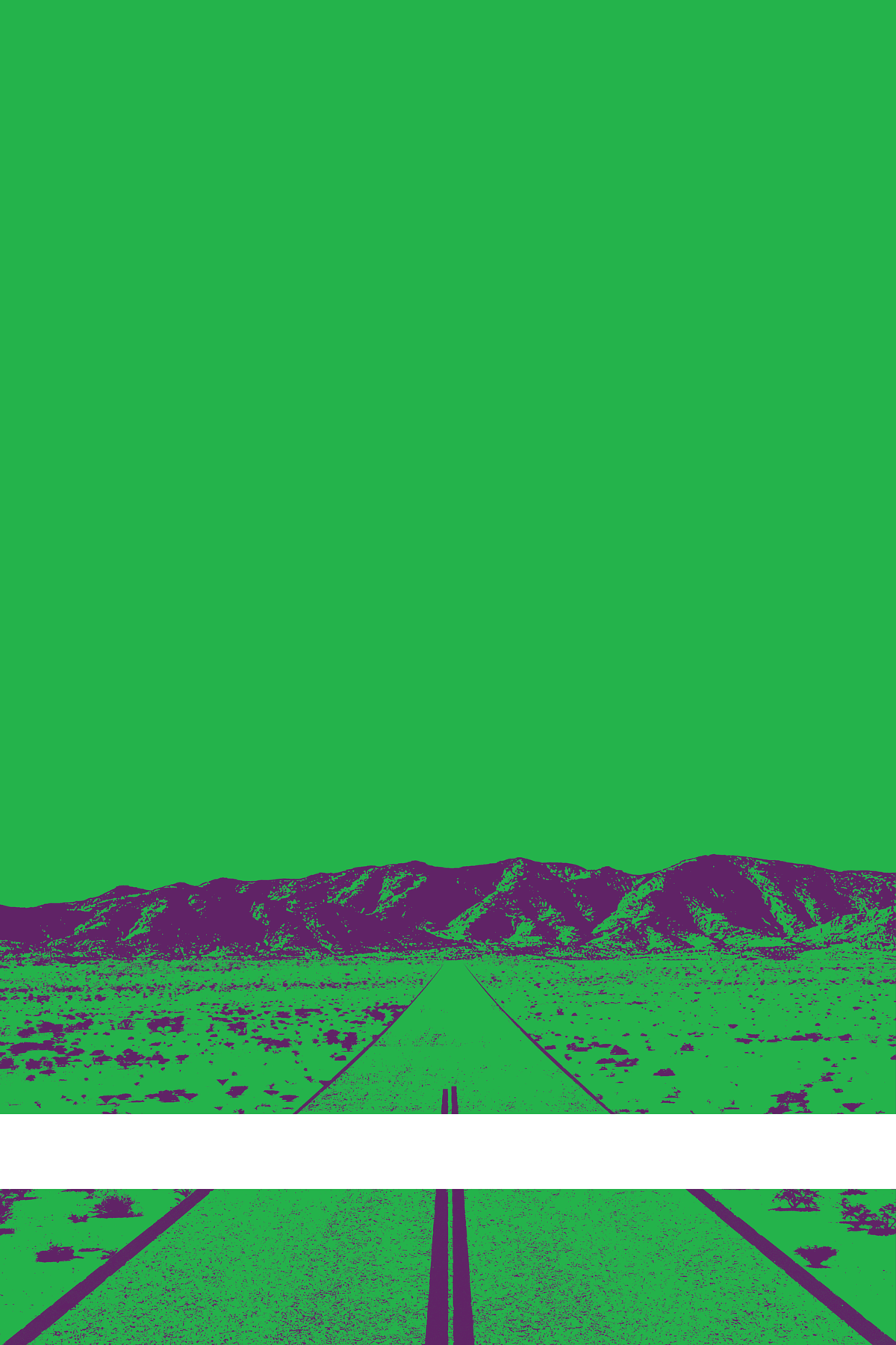 A view of Mercury Valley, Nevada, facing toward the northwest. The composition is rendered in green and dark purple. A prominent white line stretches across the composition near the bottom of the view.