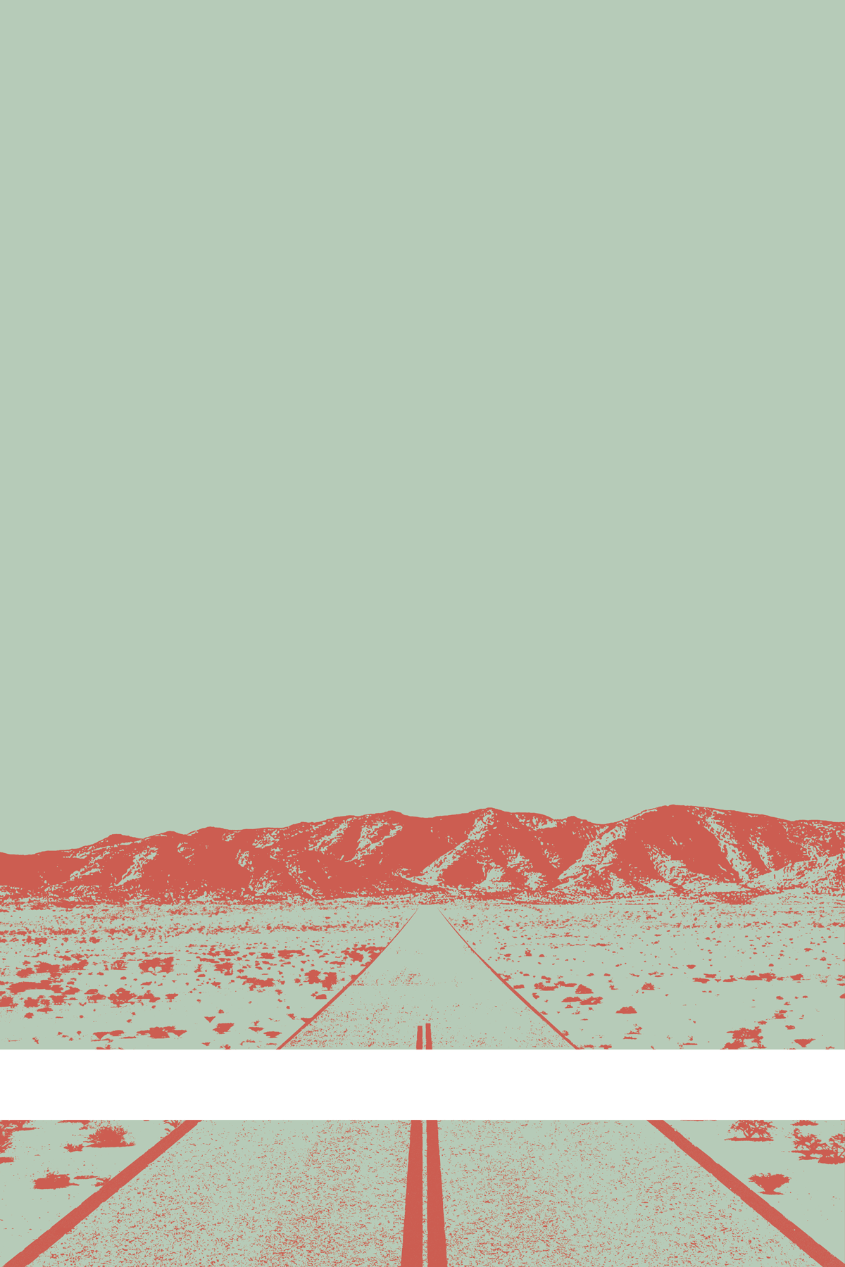 A view of Mercury Valley, Nevada, facing toward the northwest. The composition is rendered in light grayish green and light orange. A prominent white line stretches across the composition near the bottom of the view.