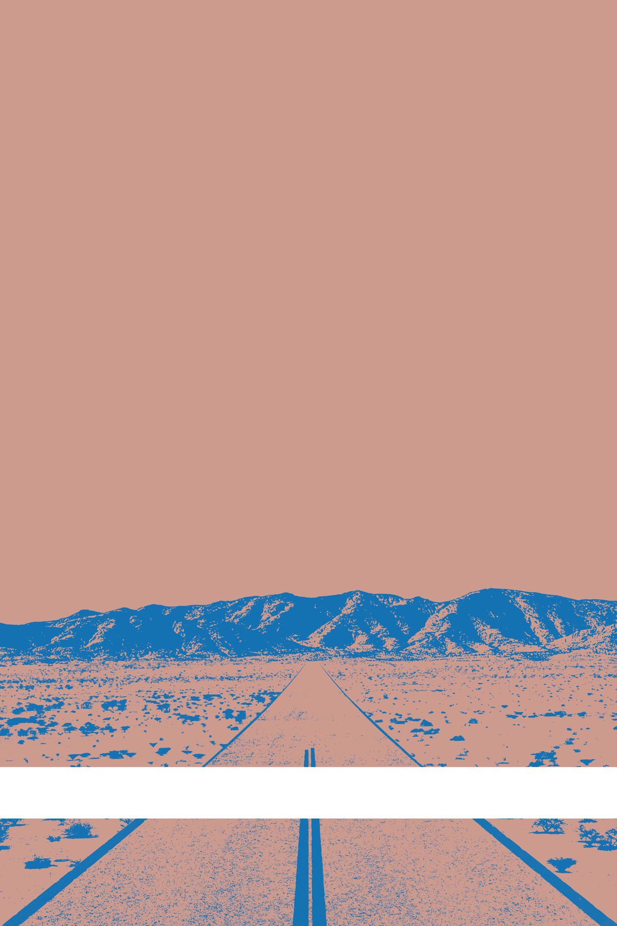 A view of Mercury Valley, Nevada, facing toward the northwest. The composition is rendered in light orange and blue. A prominent white line stretches across the composition near the bottom of the view.