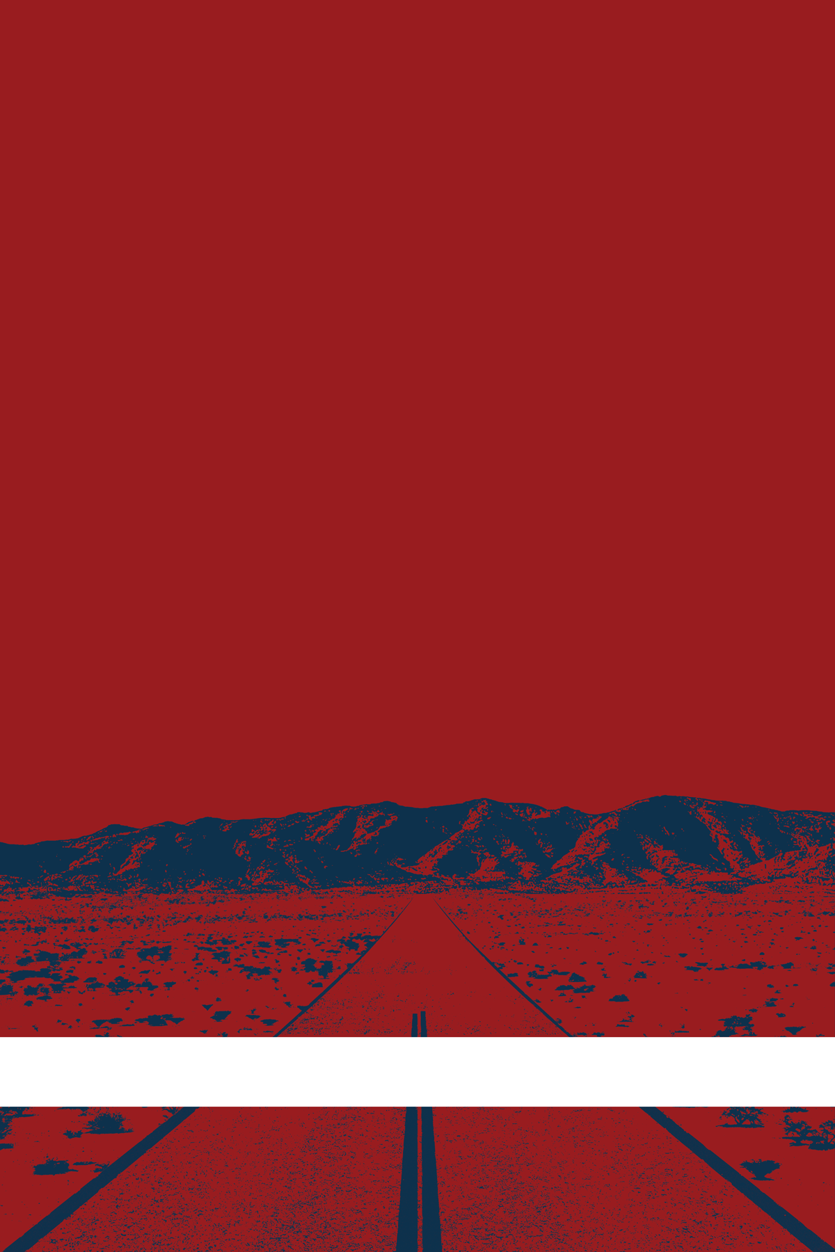 A view of Mercury Valley, Nevada, facing toward the northwest. The composition is rendered in dark red and dark blue. A prominent white line stretches across the composition near the bottom of the view.