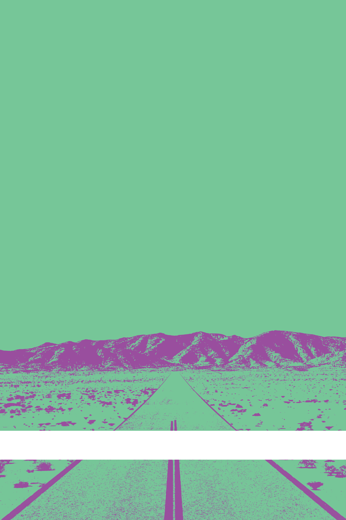 A view of Mercury Valley, Nevada, facing toward the northwest. The composition is rendered in light green and purple. A prominent white line stretches across the composition near the bottom of the view.