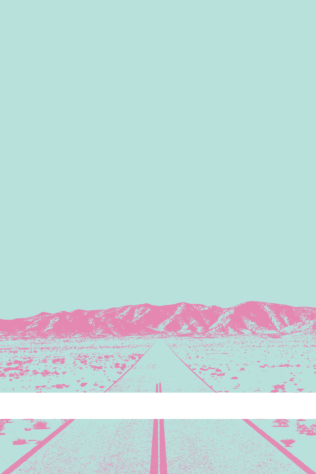 A view of Mercury Valley, Nevada, facing toward the northwest. The composition is rendered in light blue and light pink. A prominent white line stretches across the composition near the bottom of the view.