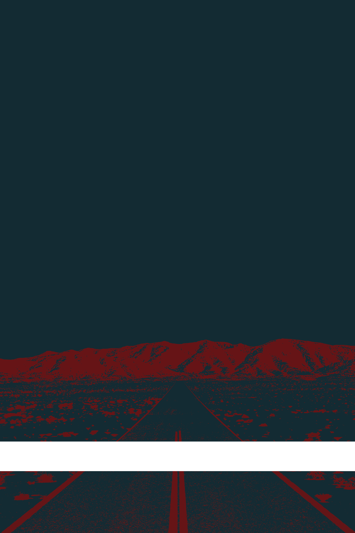 A view of Mercury Valley, Nevada, facing toward the northwest. The composition is rendered in dark grayish blue and dark red. A prominent white line stretches across the composition near the bottom of the view.