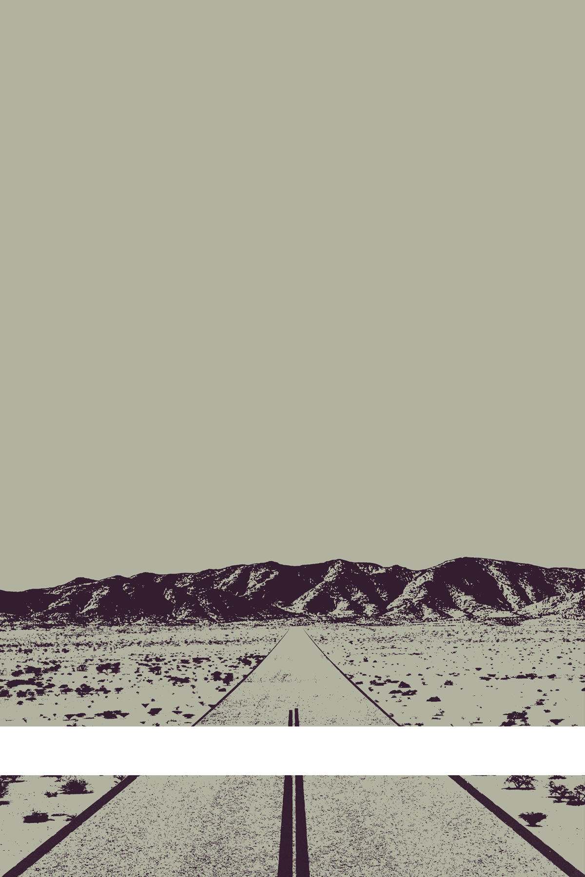 A view of Mercury Valley, Nevada, facing toward the northwest. The composition is rendered in gray and dark brown. A prominent white line stretches across the composition near the bottom of the view.