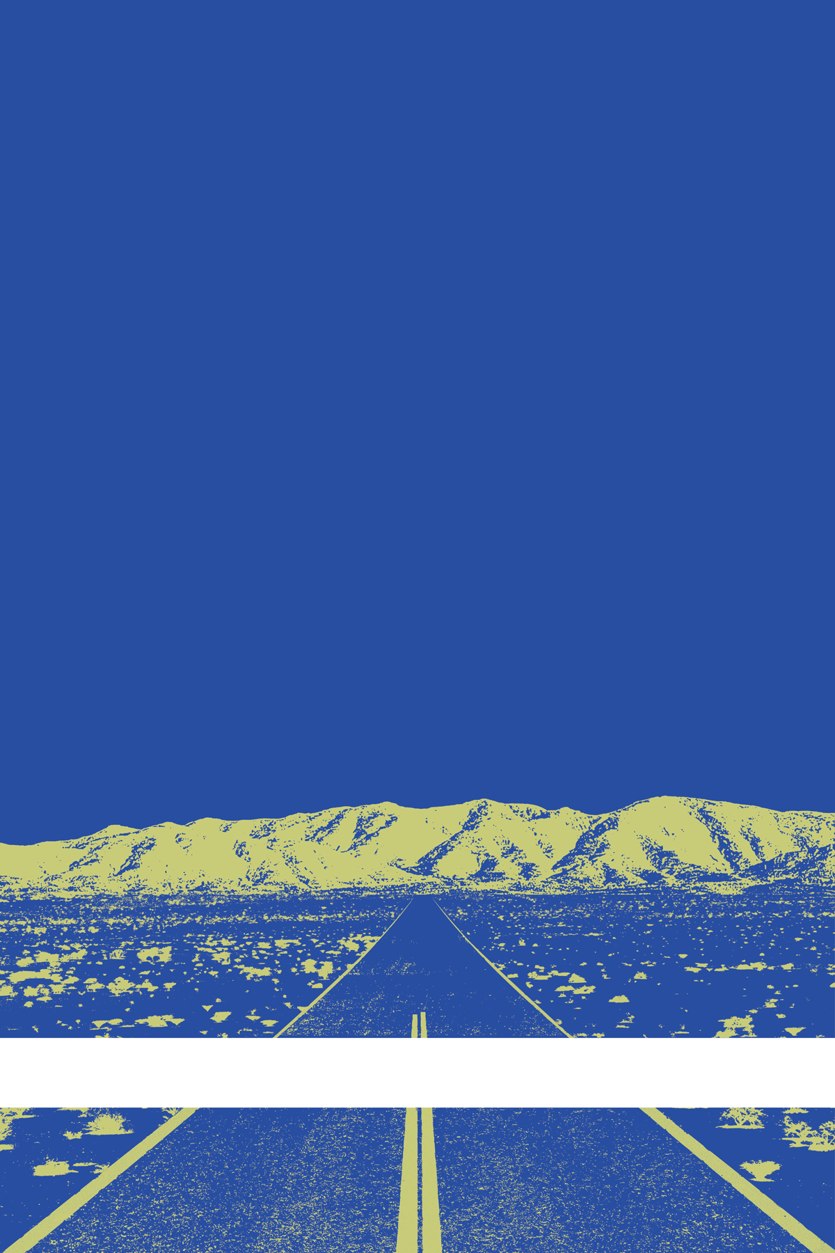 A view of Mercury Valley, Nevada, facing toward the northwest. The composition is rendered in blue and light yellow. A prominent white line stretches across the composition near the bottom of the view.