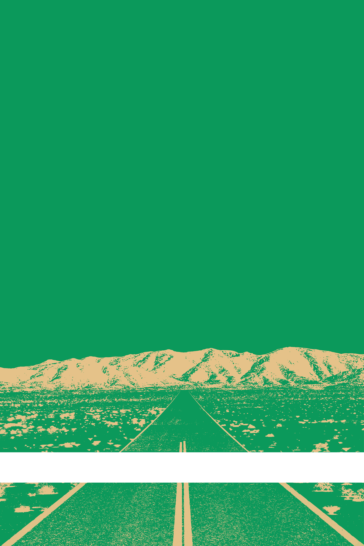 A view of Mercury Valley, Nevada, facing toward the northwest. The composition is rendered in green and light orange. A prominent white line stretches across the composition near the bottom of the view.