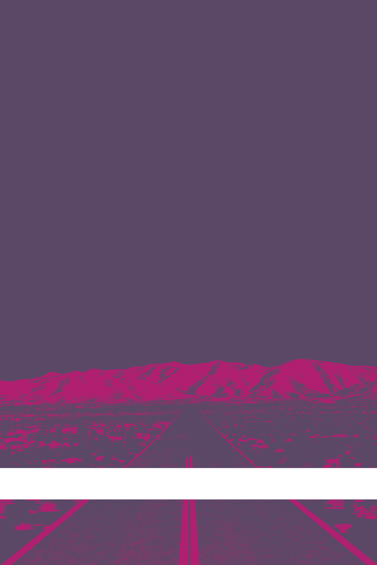 A view of Mercury Valley, Nevada, facing toward the northwest. The composition is rendered in dark grayish purple and pink. A prominent white line stretches across the composition near the bottom of the view.