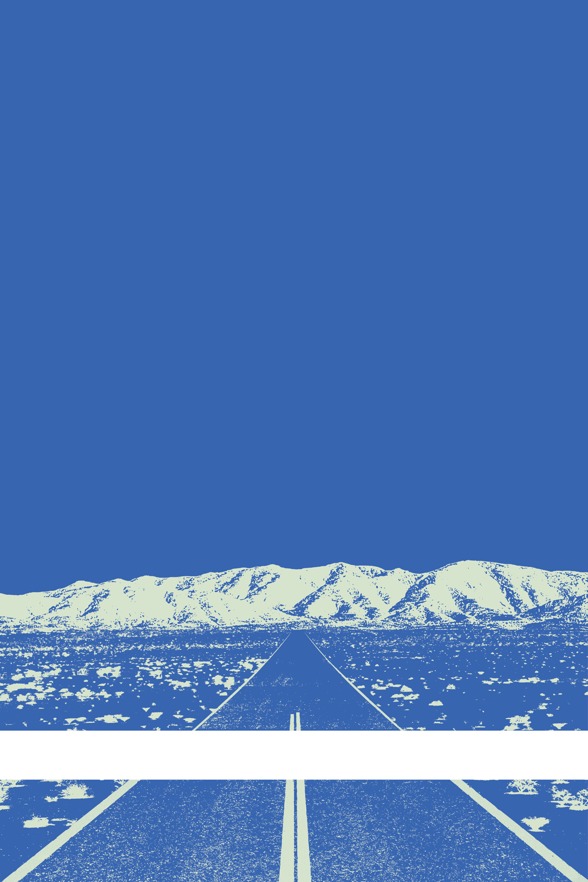 A view of Mercury Valley, Nevada, facing toward the northwest. The composition is rendered in blue and pale yellow-green. A prominent white line stretches across the composition near the bottom of the view.