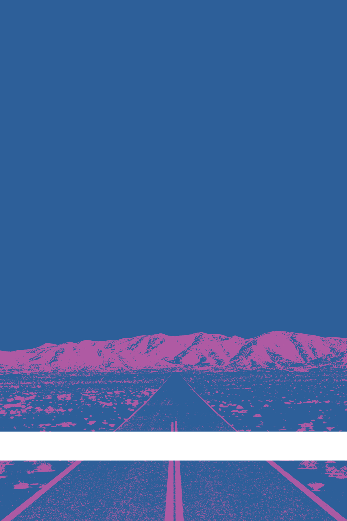 A view of Mercury Valley, Nevada, facing toward the northwest. The composition is rendered in blue and light pink. A prominent white line stretches across the composition near the bottom of the view.