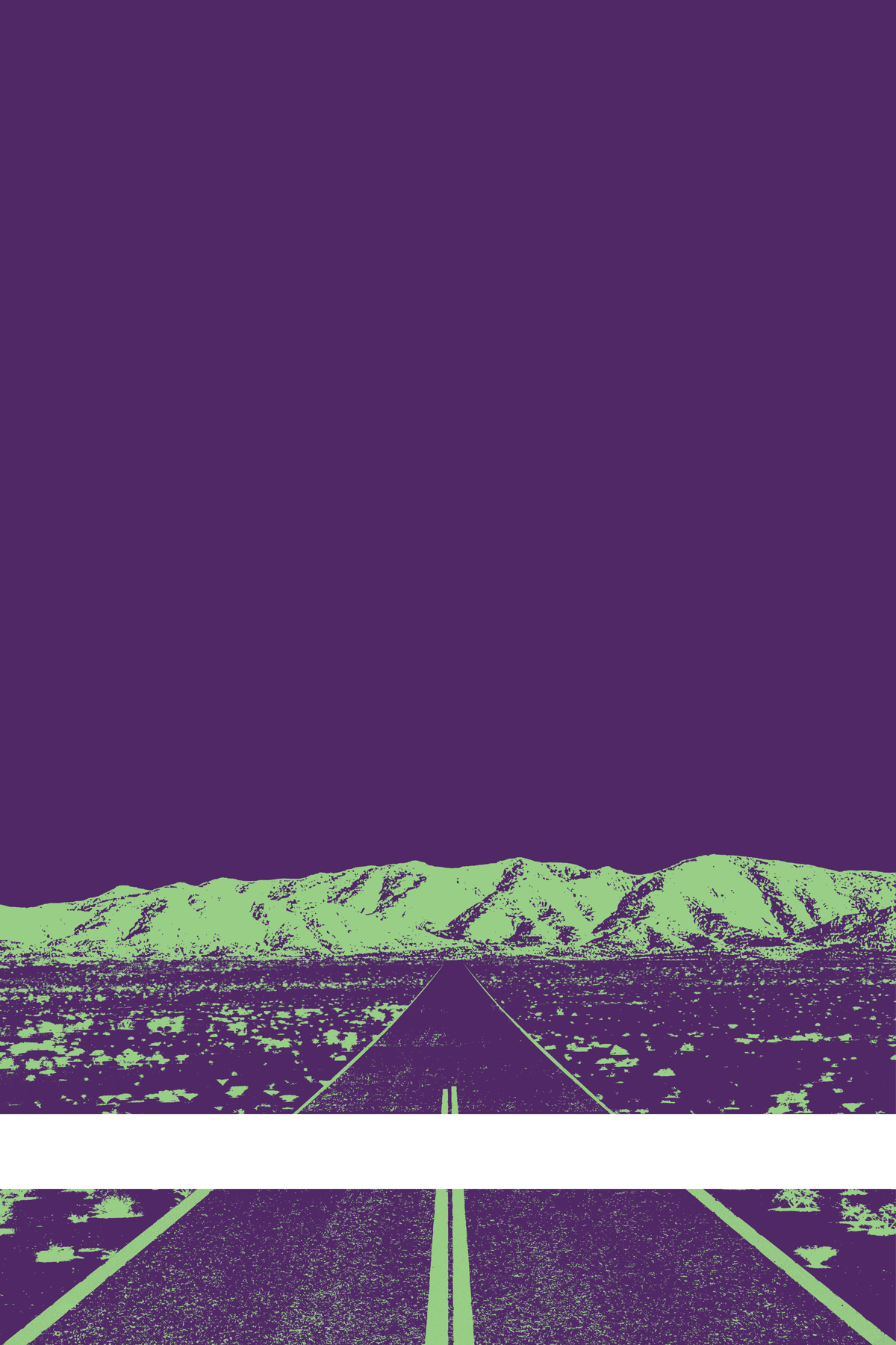 A view of Mercury Valley, Nevada, facing toward the northwest. The composition is rendered in purple and light green. A prominent white line stretches across the composition near the bottom of the view.