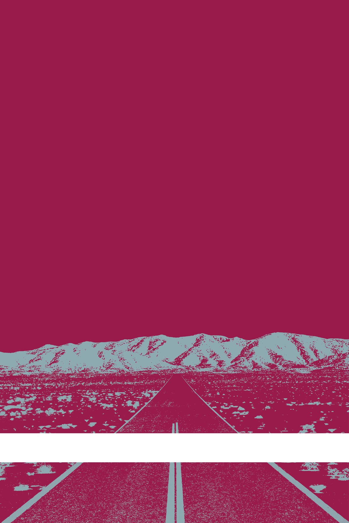 A view of Mercury Valley, Nevada, facing toward the northwest. The composition is rendered in dark pink and light blue. A prominent white line stretches across the composition near the bottom of the view.