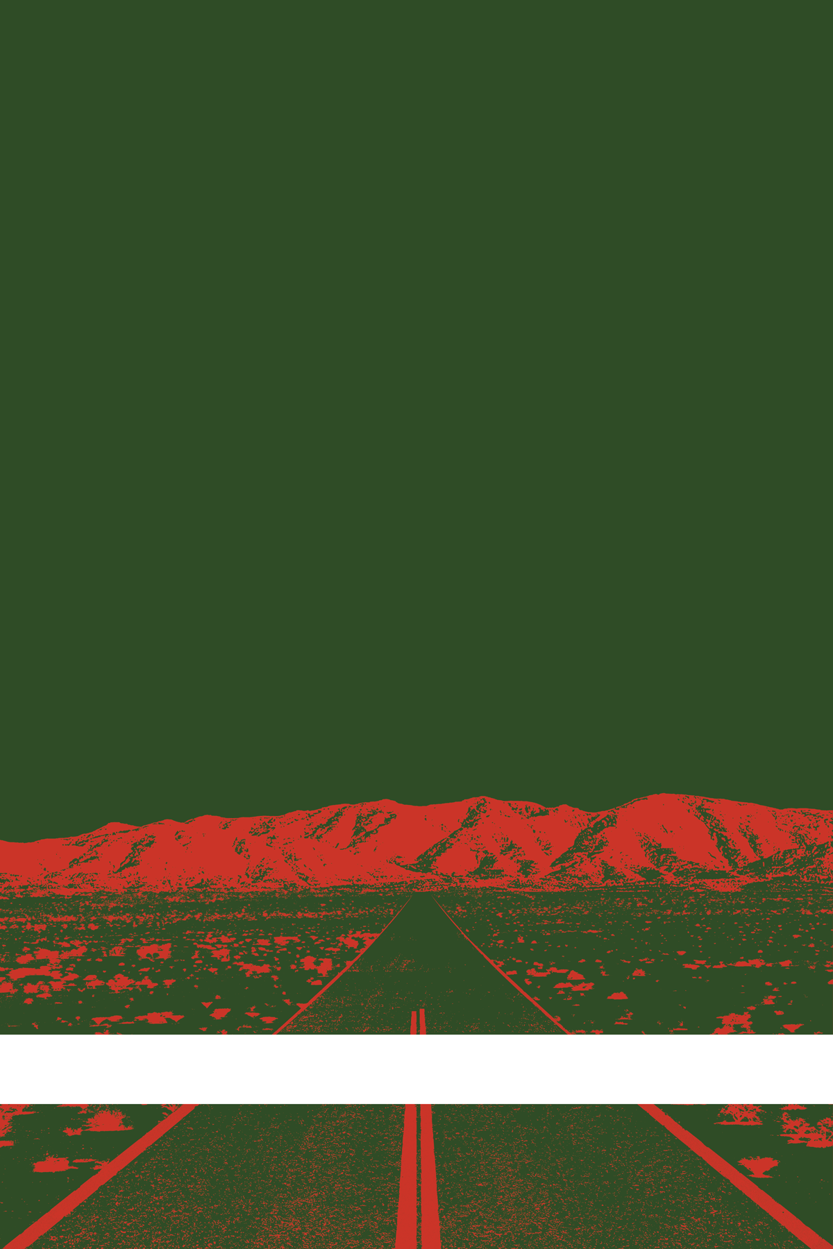 A view of Mercury Valley, Nevada, facing toward the northwest. The composition is rendered in dark green and red. A prominent white line stretches across the composition near the bottom of the view.