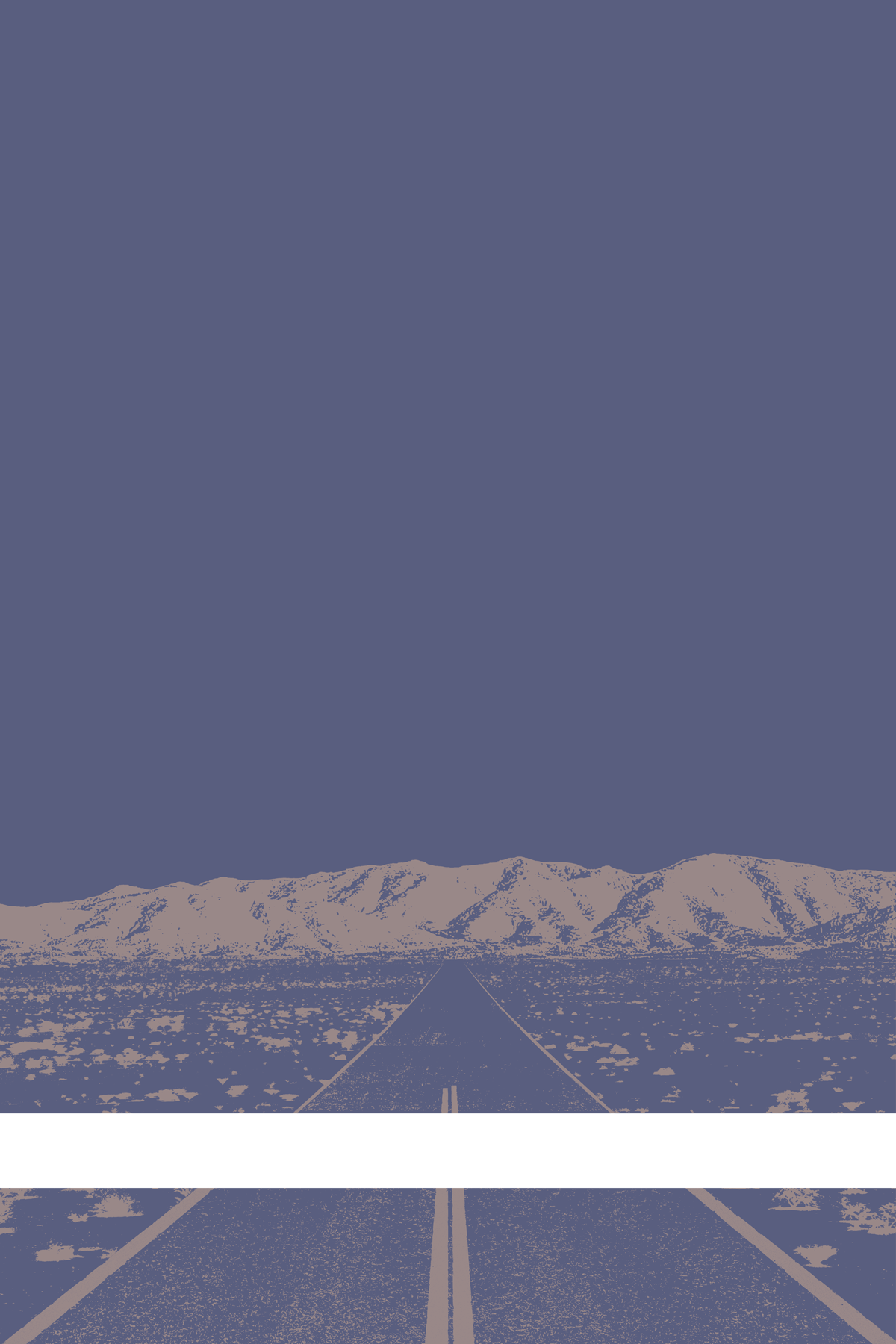 A view of Mercury Valley, Nevada, facing toward the northwest. The composition is rendered in light grayish blue and light grayish pink. A prominent white line stretches across the composition near the bottom of the view.